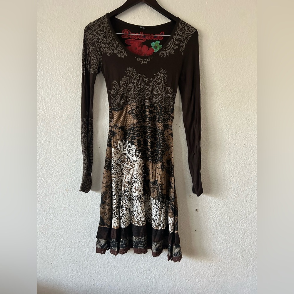 DESIGUAL Ladies Long Sleeve Scoop Neck A-line Brown TISDALE Dress XS Artsy Boho - Picture 5 of 16